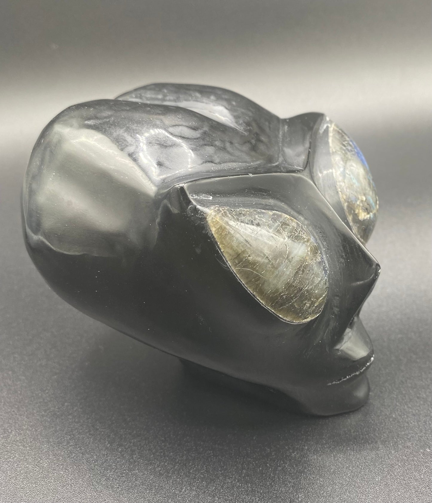 Black Obsidian Atlien Head with Labradorite Eyes