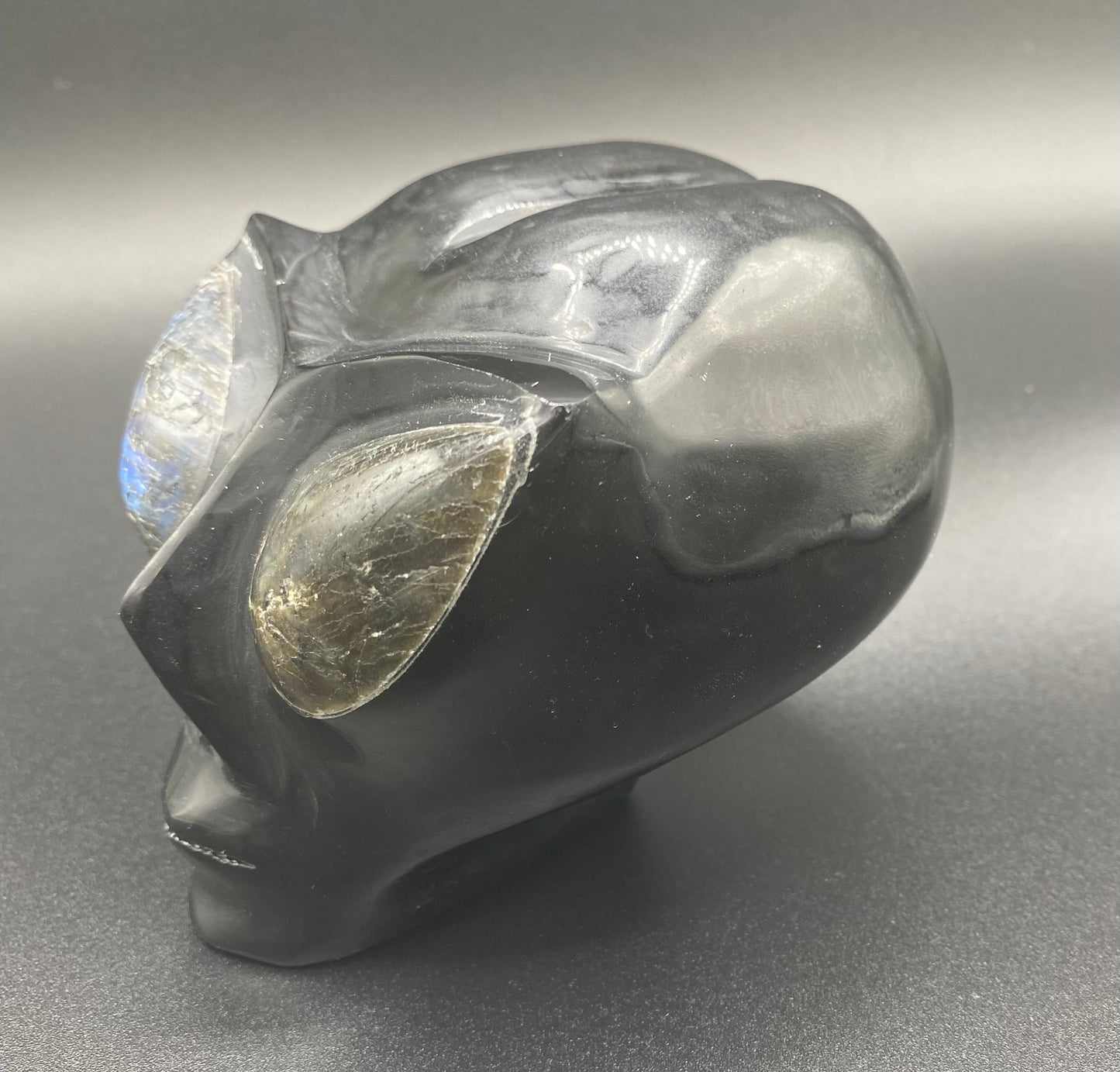 Black Obsidian Atlien Head with Labradorite Eyes