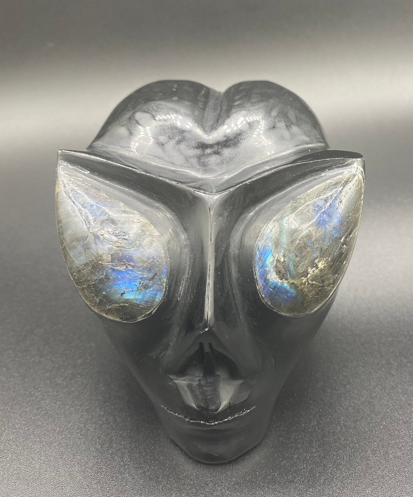Black Obsidian Atlien Head with Labradorite Eyes