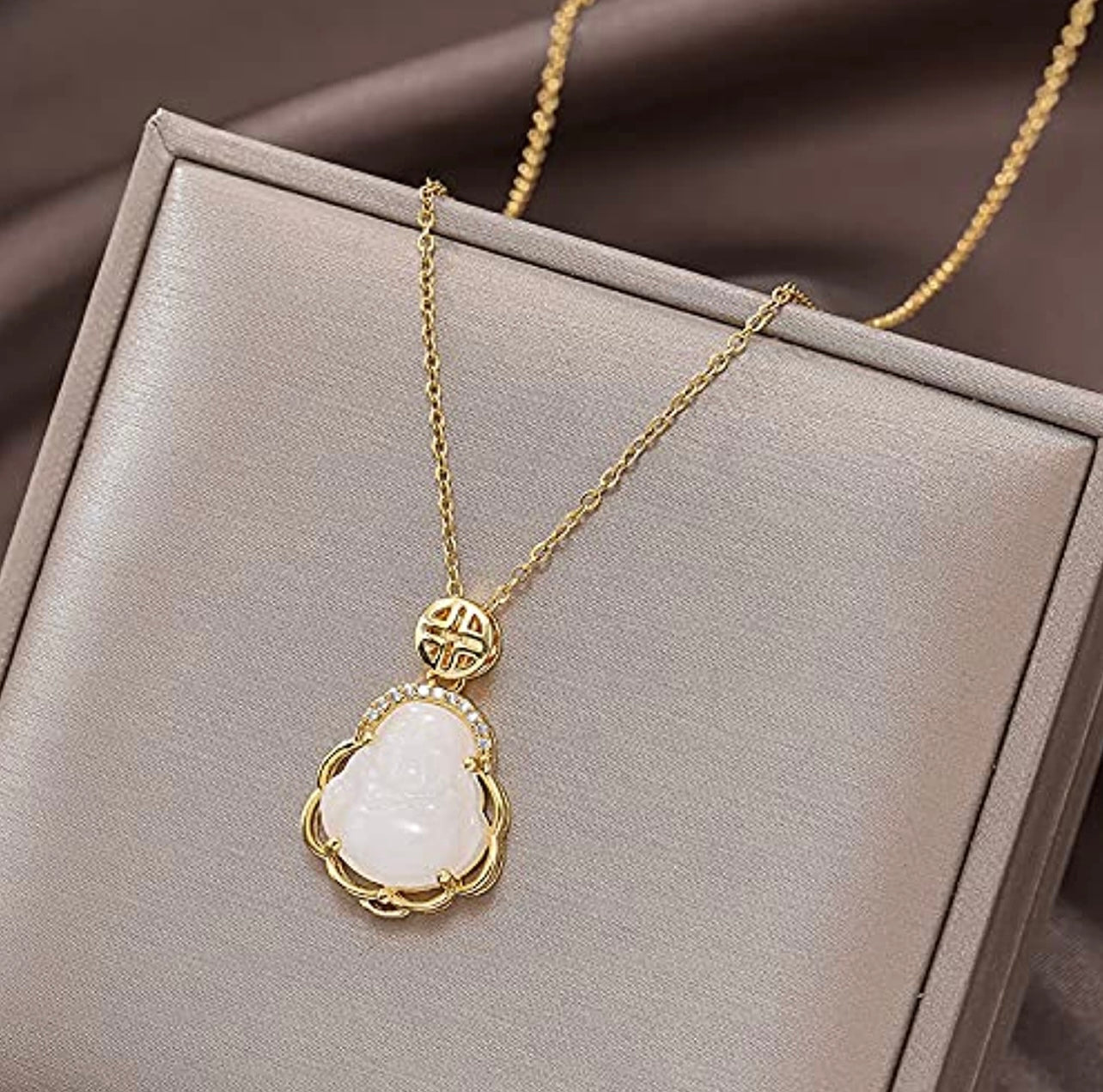 18k Gold Plated Laughing Buddha Pendant Necklace Milky Quartz