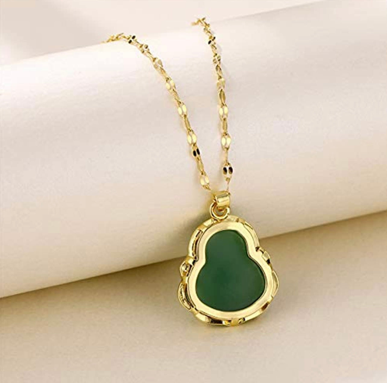 18k Gold Plated Laughing Buddha Pendant Necklace Green Jade