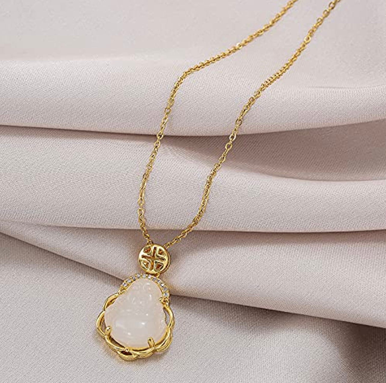 18k Gold Plated Laughing Buddha Pendant Necklace Milky Quartz