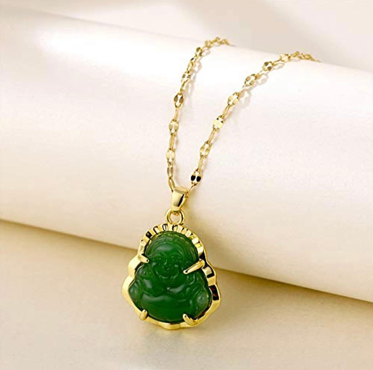 18k Gold Plated Laughing Buddha Pendant Necklace Green Jade